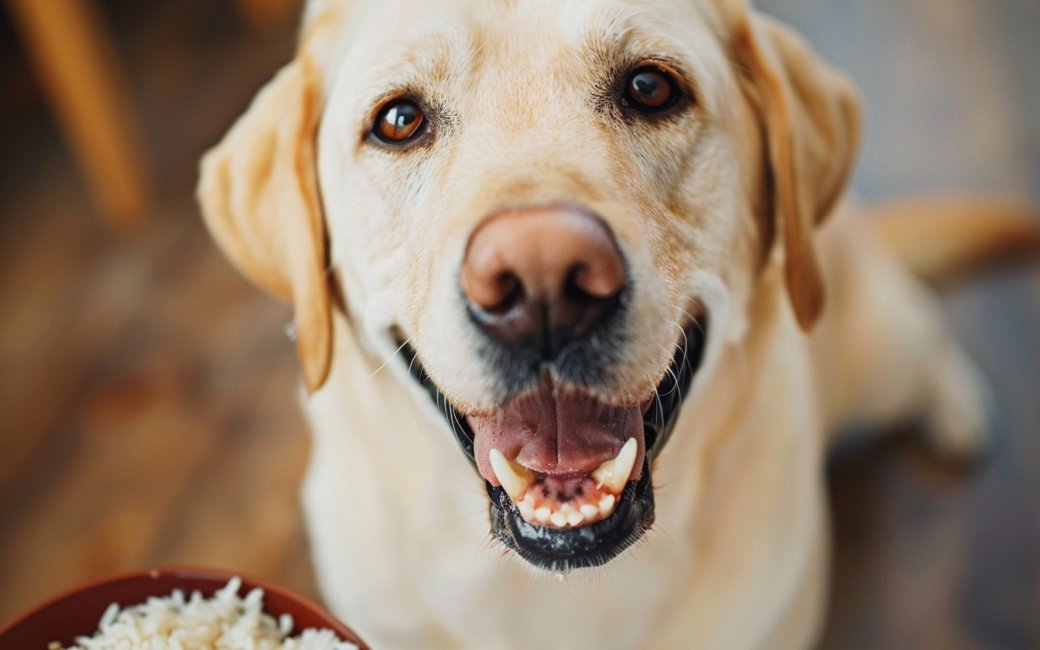 Собака їсть рис