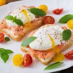 Сніданок з яйцями пашот, сьомгою та грінками