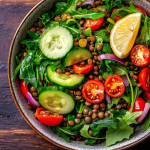 Легкий літній салат із сочевицею, помідорами та огірками