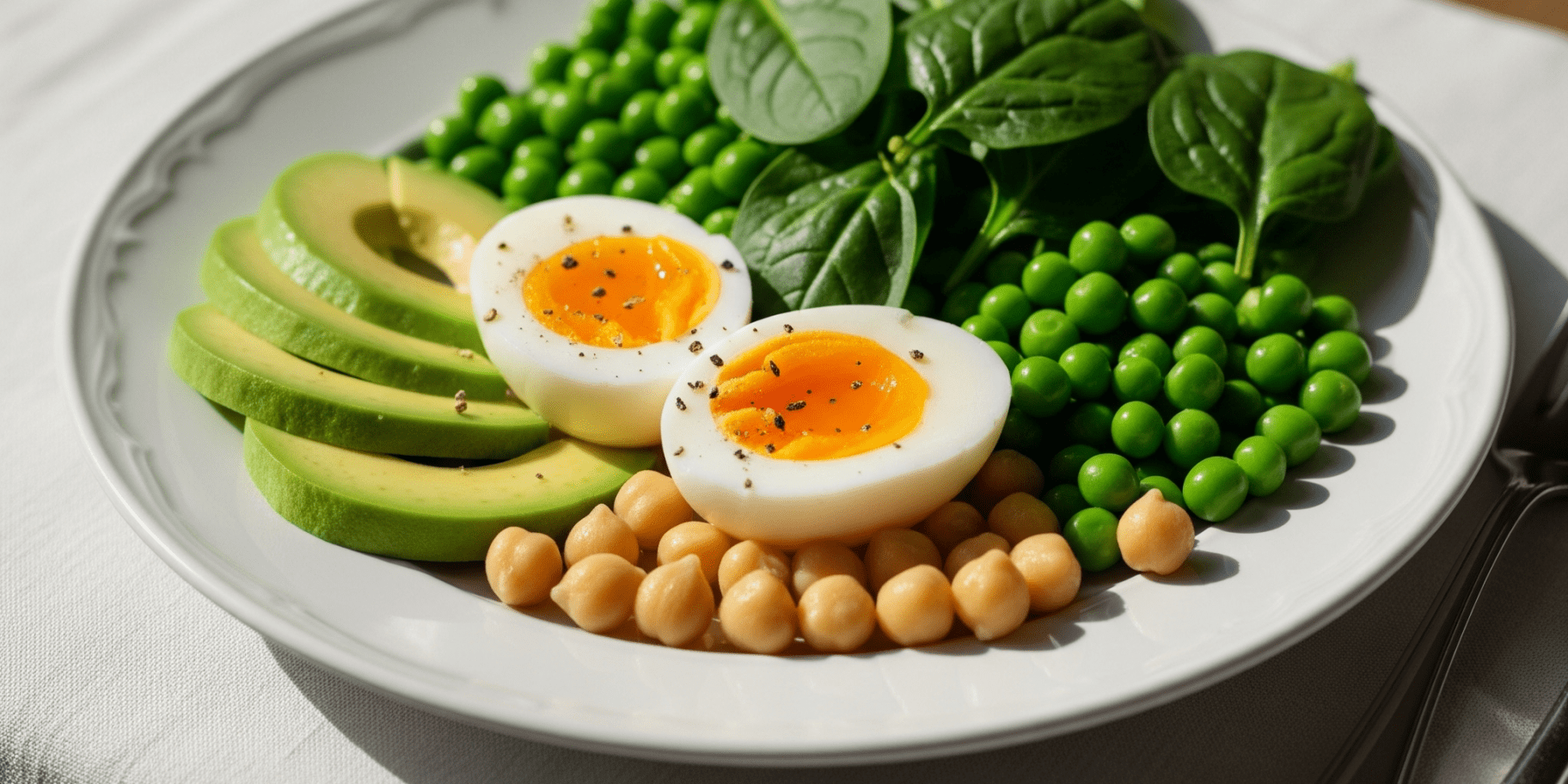 сніданок з нутом, яйцями й горошком