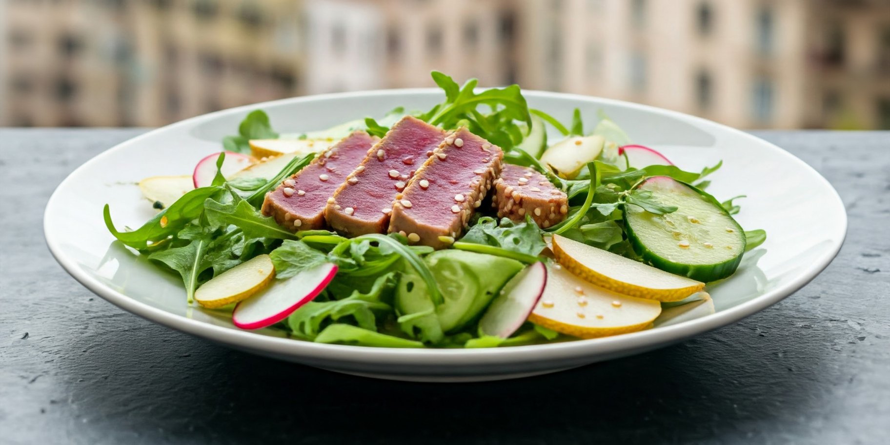 салат з грушею, руколою й тунцем