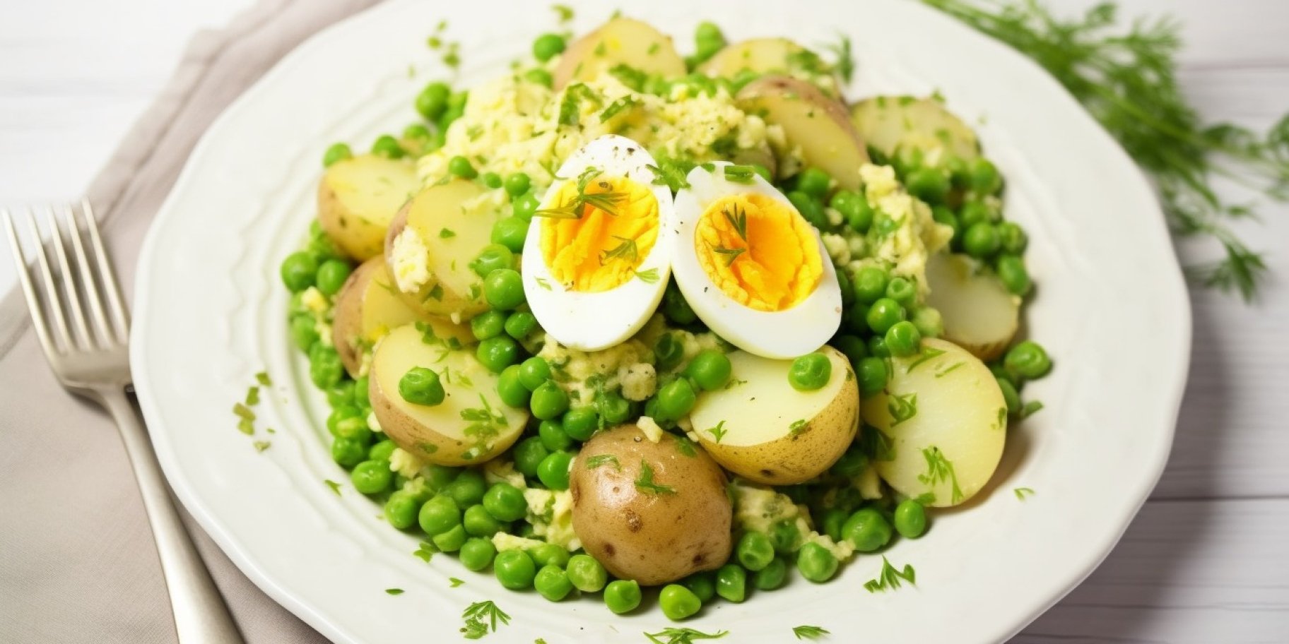 Зеленый салат из молодого картофеля, горошка и яиц.