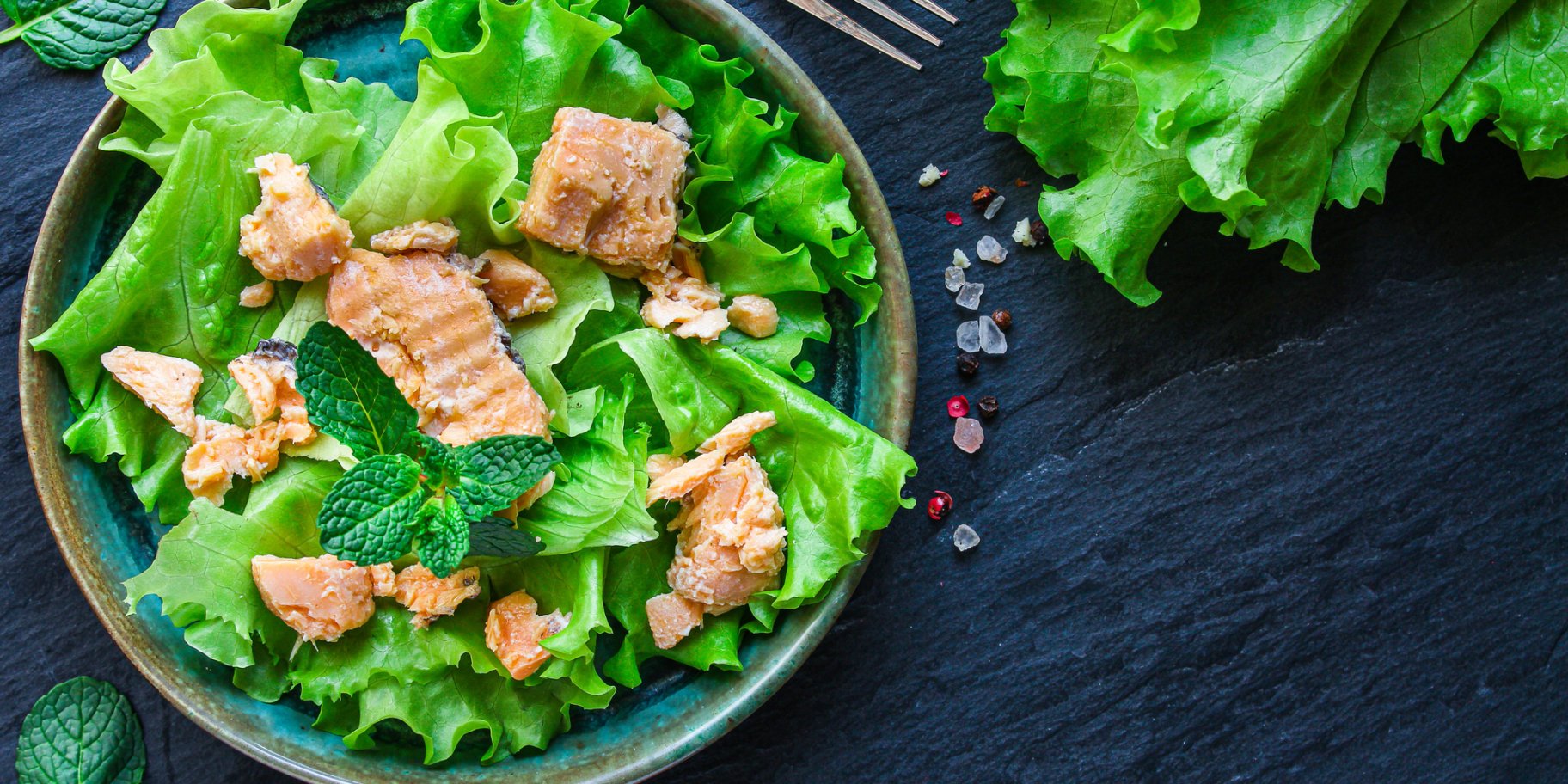 Шматочки консервованого лосося в тарілці на листі салату