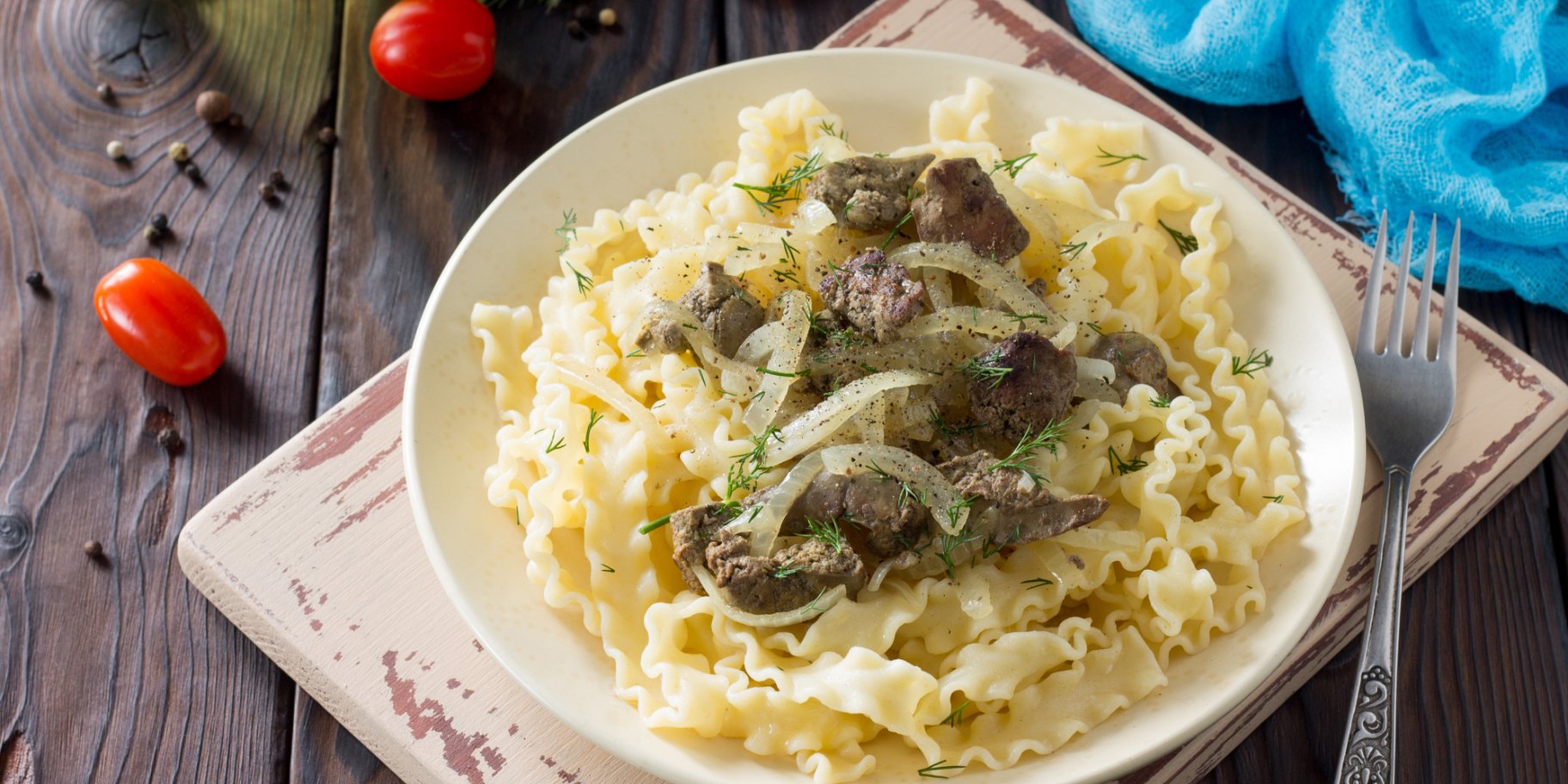 Макароны с куриной печенью