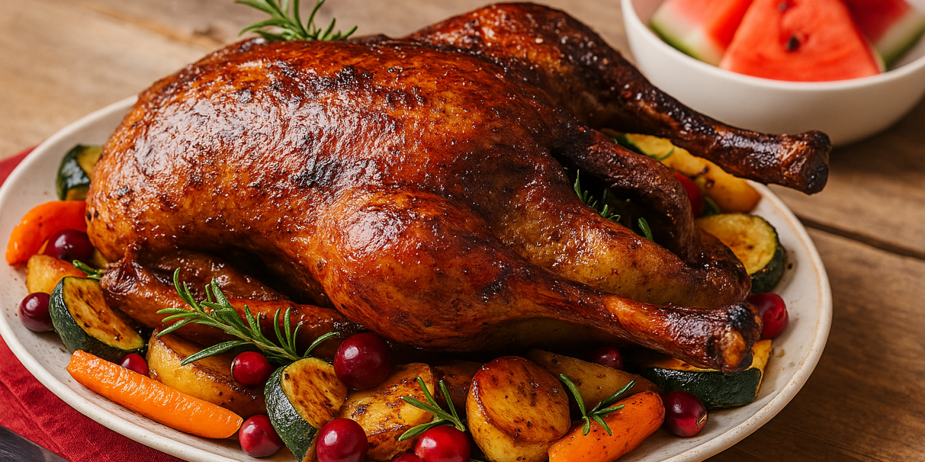 Запечена качка з овочами і кавуном