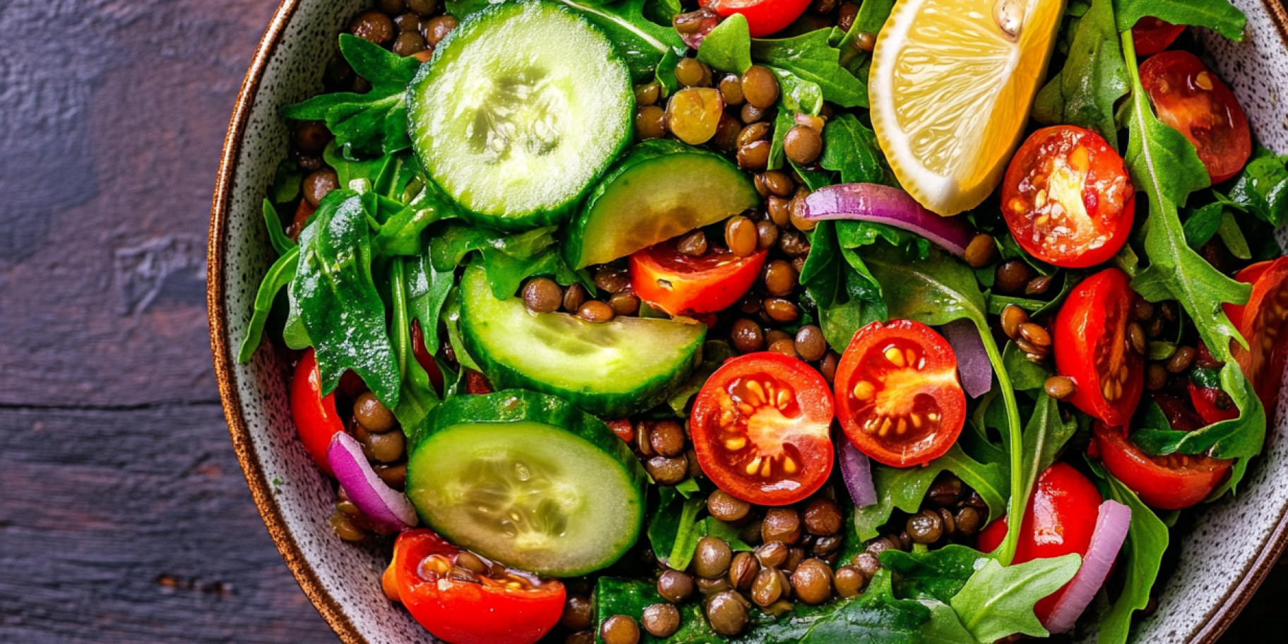 салат с чечевицей, помидорами и огурцами