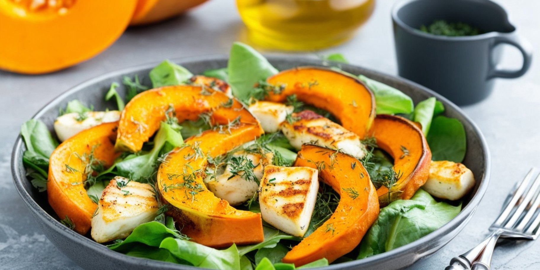 Теплий салат з гарбузом і сиром халумі