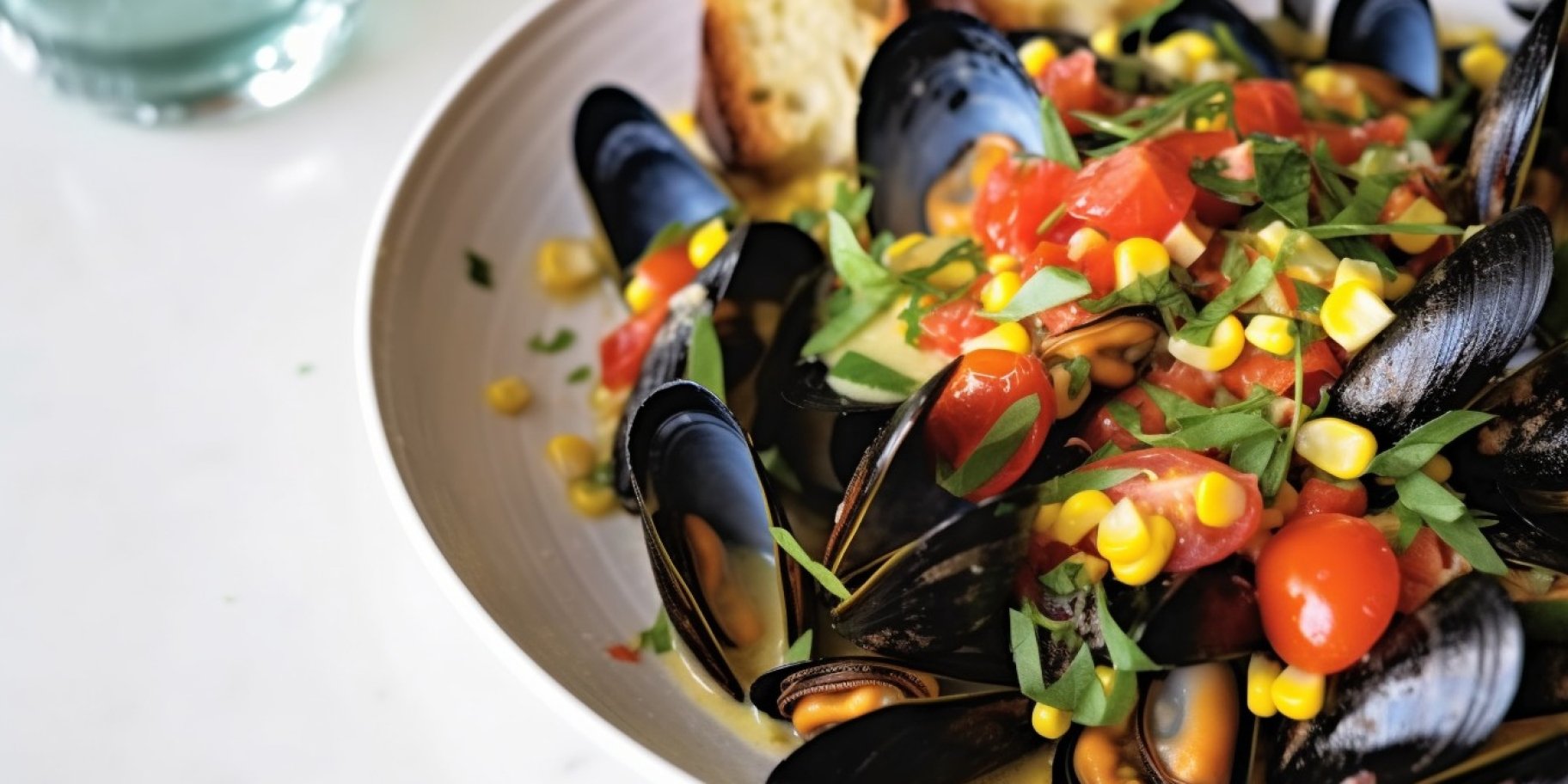 Мидии с кукурузой, помидорами черри и эстрагоном