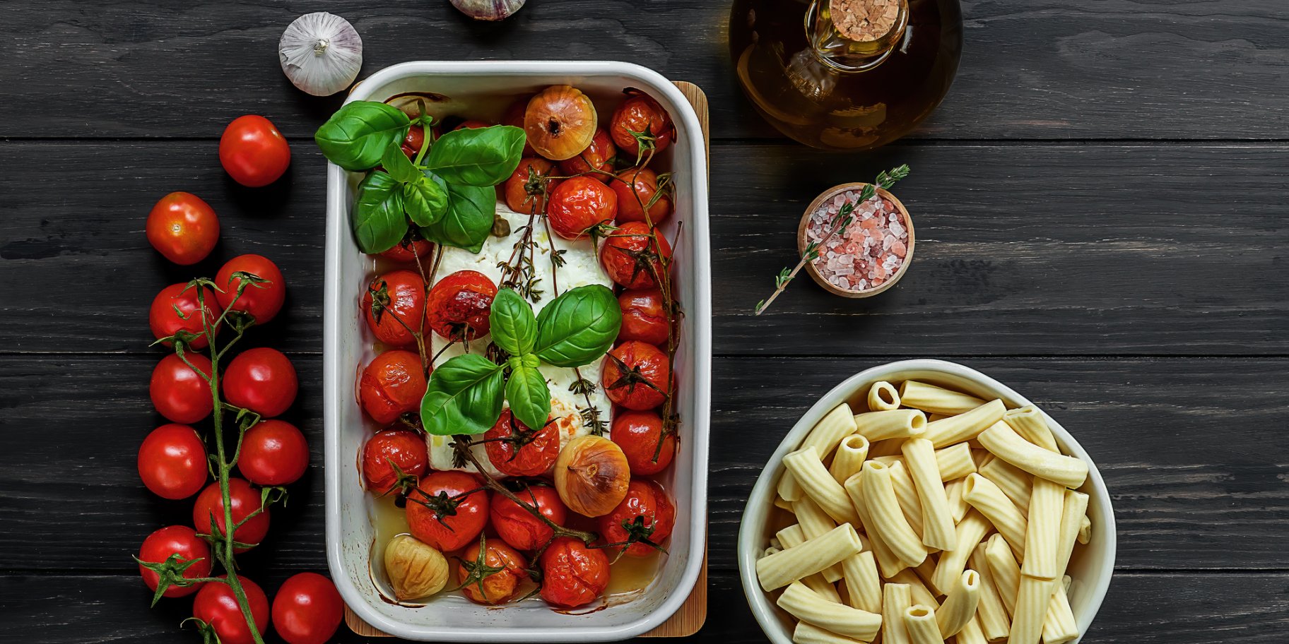 фета, помидоры, макароны