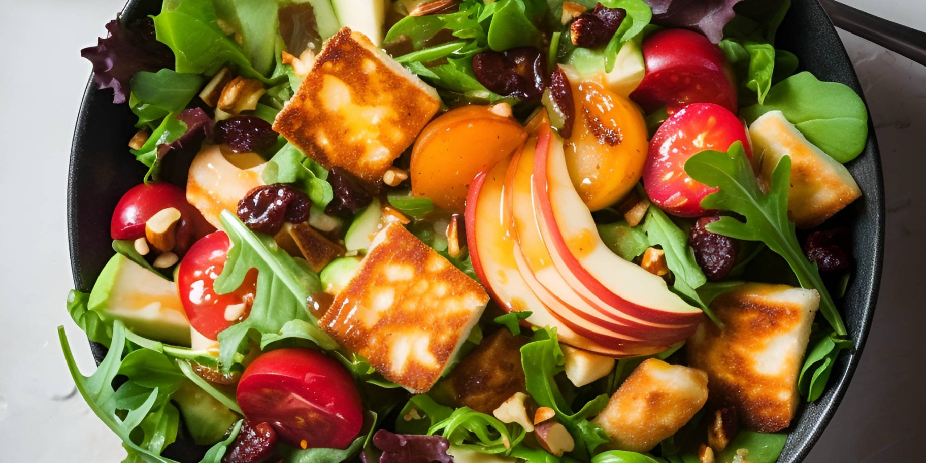 Салат с сыром халуми, персиками и черешнями