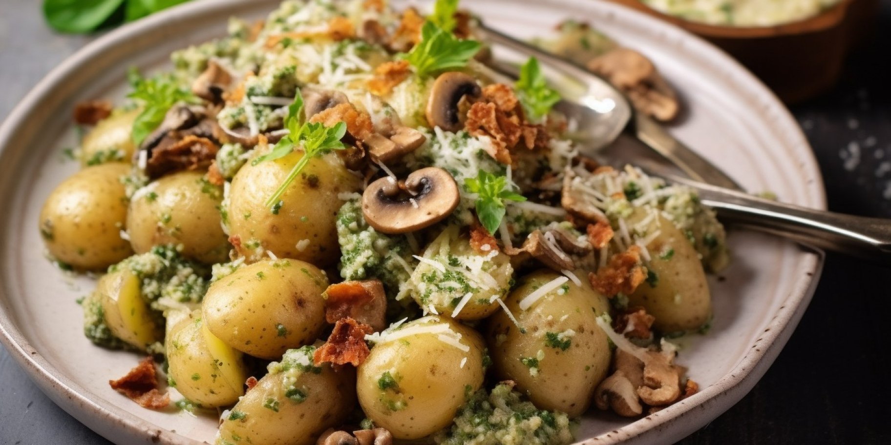Салат с молодым картофелем, грибами и песто