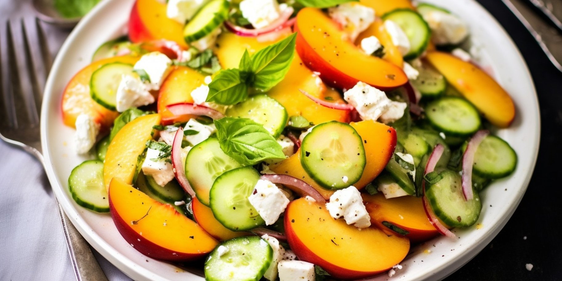 Легкий салат з нектаринами, огірками, базиліком та козячим сиром