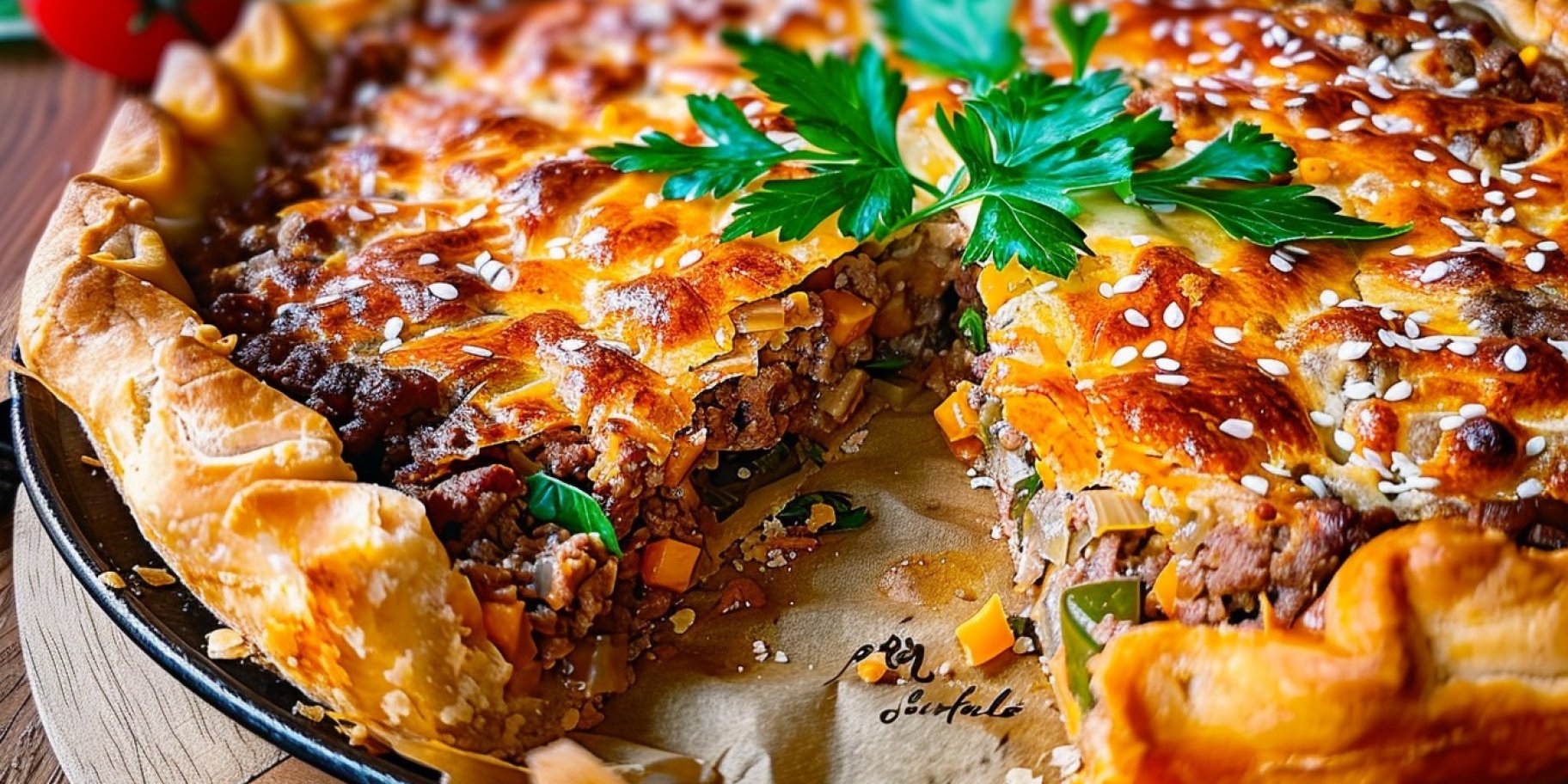 Перевернутий пиріг з м’ясом на сковороді