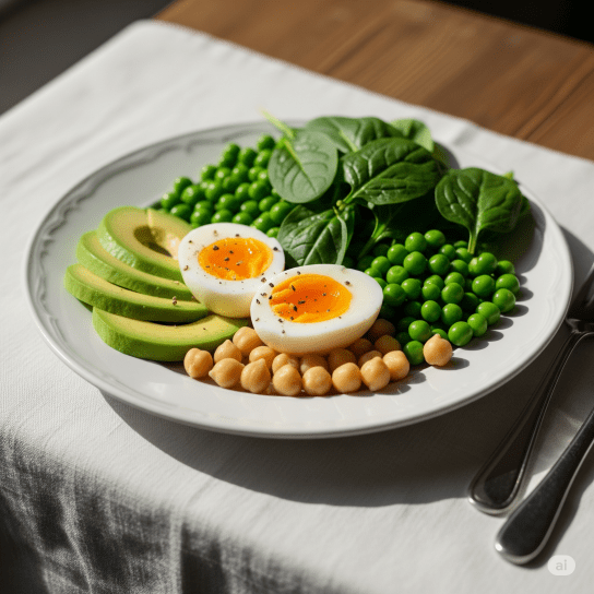 сніданок з нутом, яйцями й горошком