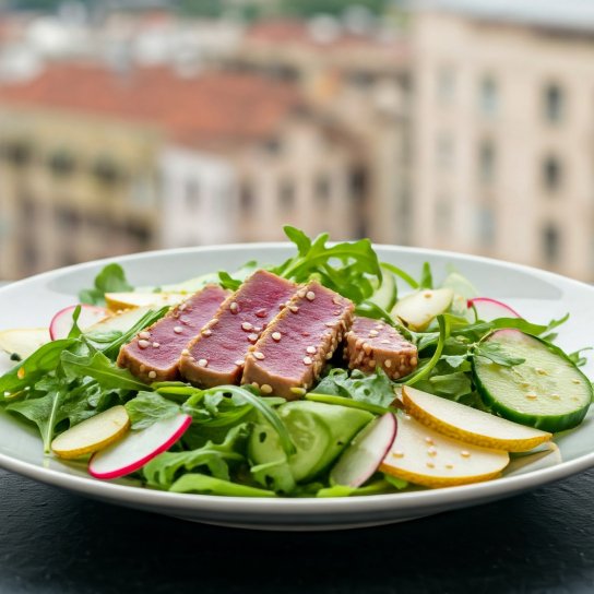 салат з грушею, руколою й тунцем