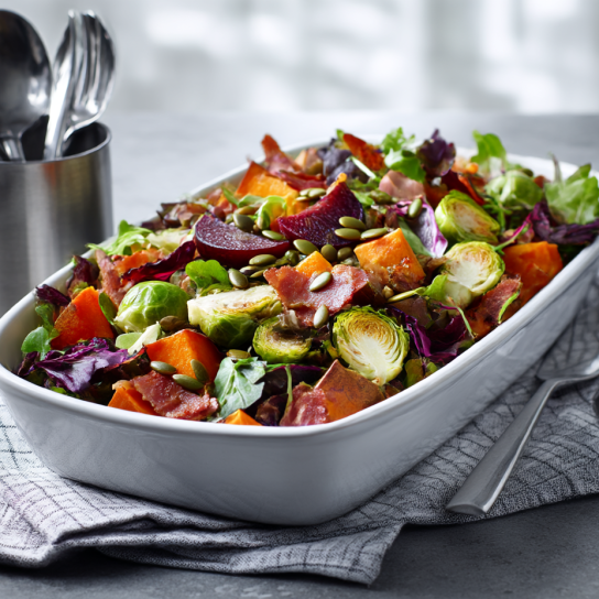 Теплий салат з панчетою, бататом і брюссельською капустою