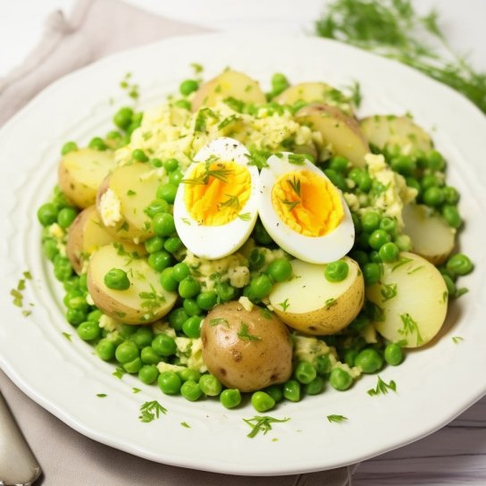 Зелений салат з молодої картоплі, горошку та яєць