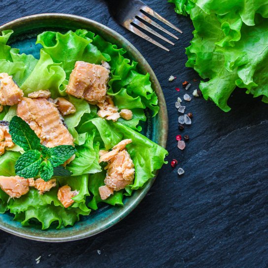 Шматочки консервованого лосося в тарілці на листі салату