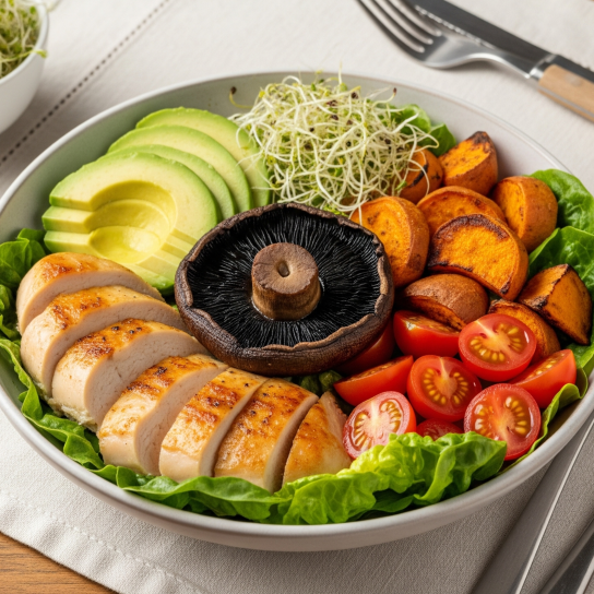 Боул з курячим філе, авокадо та грибами