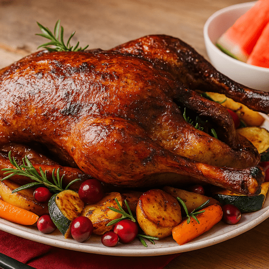 Запечена качка з овочами і кавуном