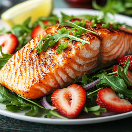 Рукола, лосось і полуниця