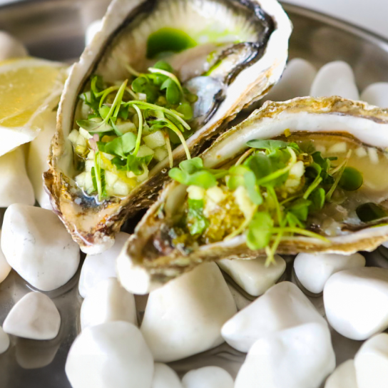 Устриці з тартаром з чилі та кінзою