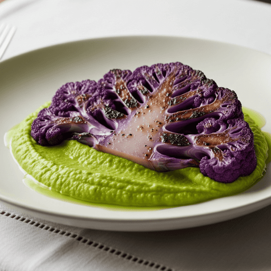 Стейк з цвітної капусти з гороховим пюре