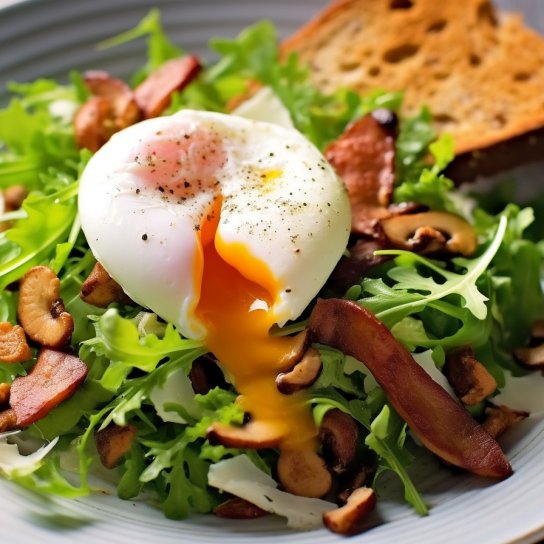 Теплий салат з лисичками і яйцями пашот