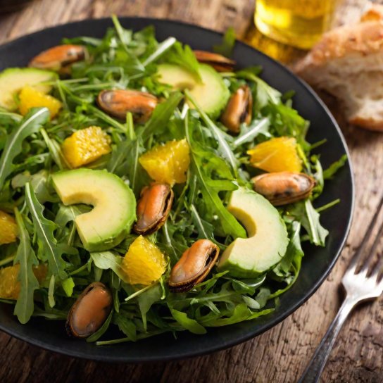 Салат із руколи, апельсинів та мідій