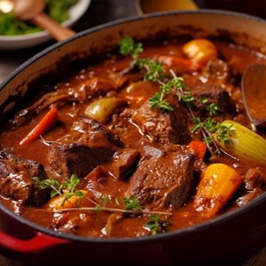 Говядина с салом и овощами, тушеная в духовке.