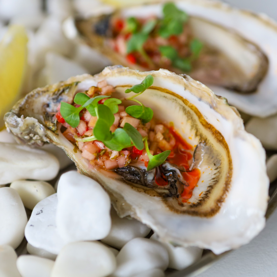 Устриці з тартаром з чилі та кінзою