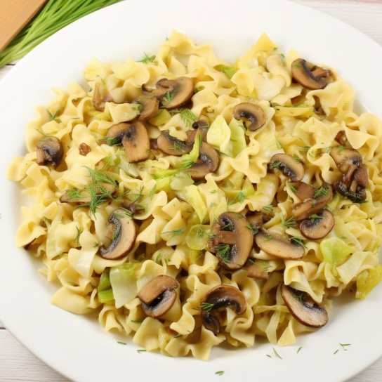 Макарони з молодою капустою і грибами