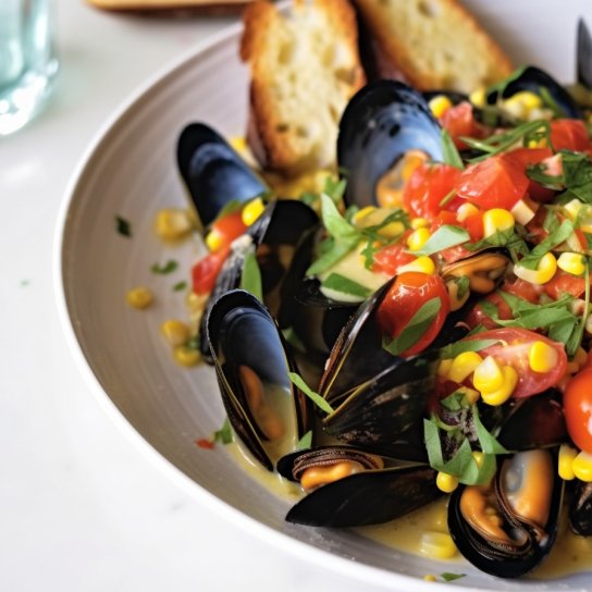 Мідії з кукурудзою, помідорами чері та естрагоном