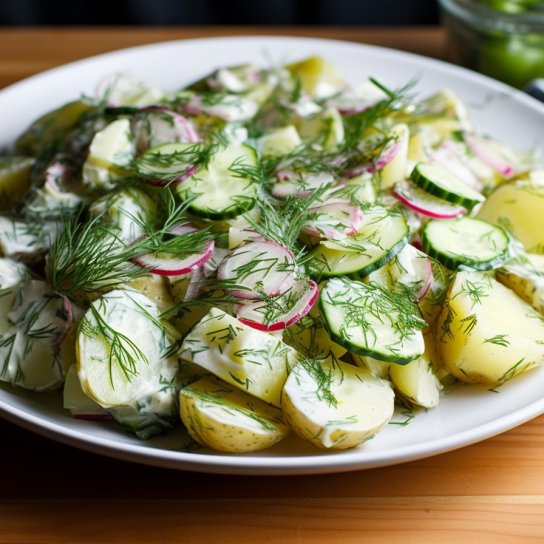 Теплый салат с запеченным картофелем, огурцами и редисками