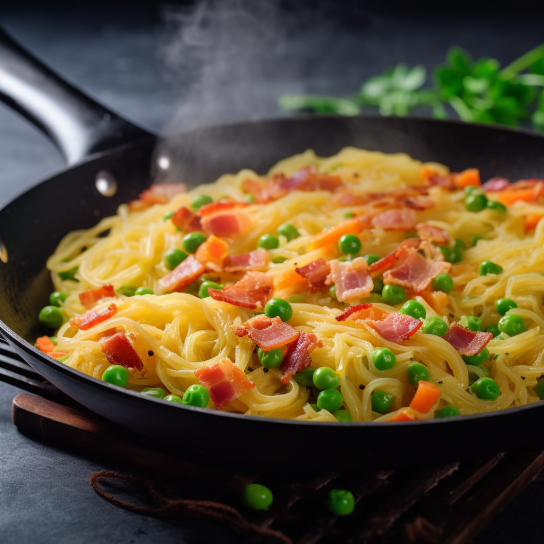 Омлет-спагетти с ветчиной и горошком — интересное блюдо
