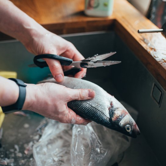 Человек чистит рыбу