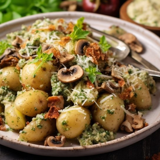 Салат з молодою картоплею, грибами та песто