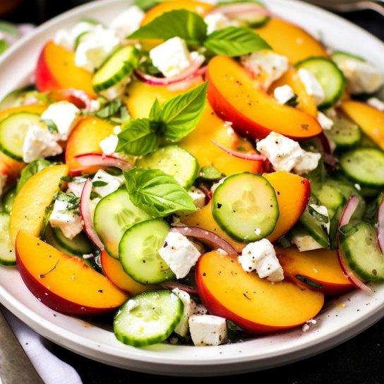 Легкий салат с нектаринами, огурцами, базиликом и козьим сыром.