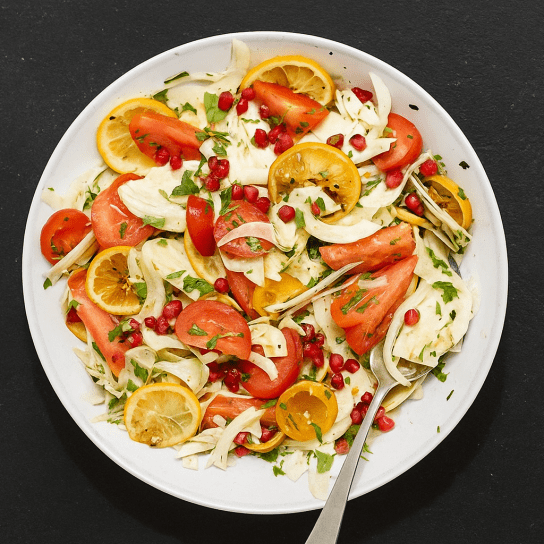 Салат із фенхелем, запеченим лимоном і томатами