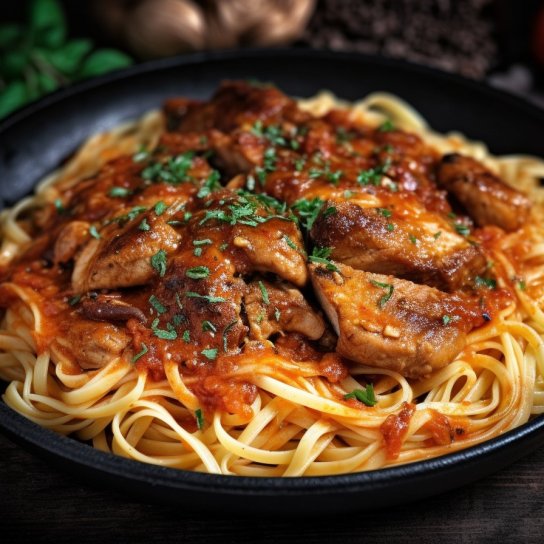 карамелизированная курятина из спагетти