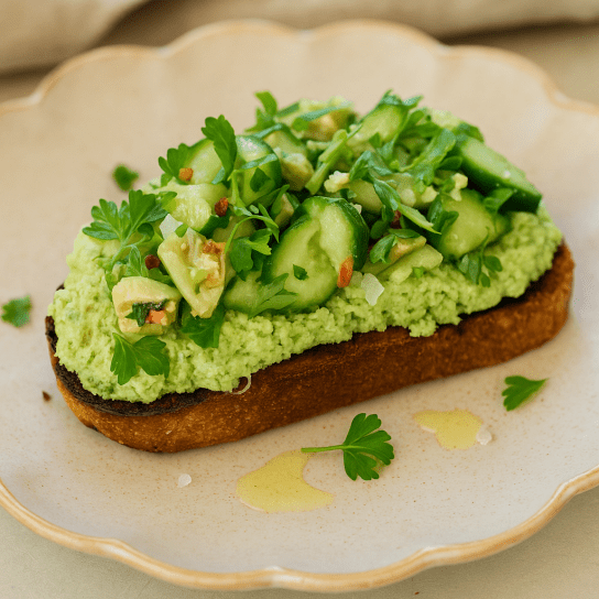 Тост зі збитими огірками та намазкою з артишоків