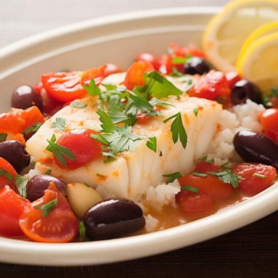 Запечена тріска з томатами і рисом