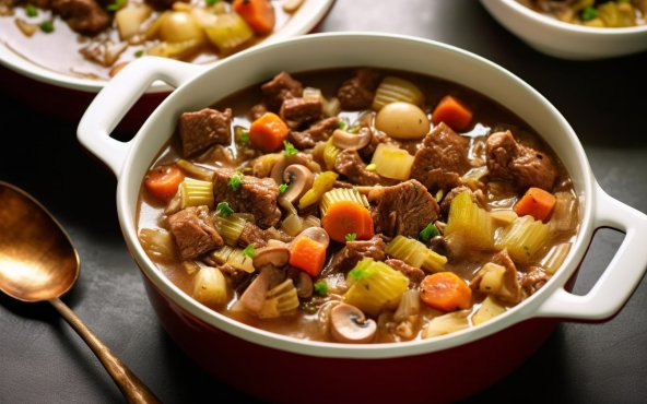 тушкована яловичина з цибулею-пореєм та грибами