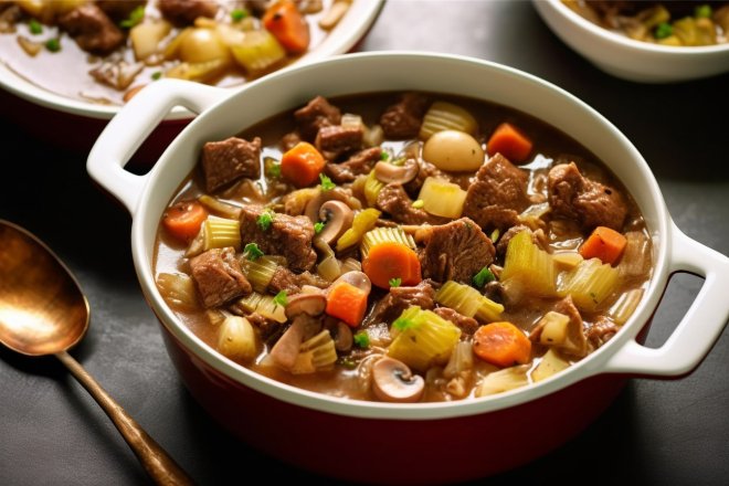 тушкована яловичина з цибулею-пореєм та грибами