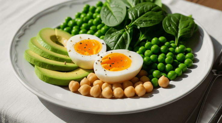 сніданок з нутом, яйцями й горошком
