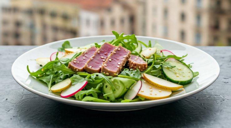 салат з грушею, руколою й тунцем