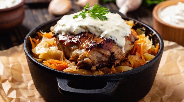 Свинина з капустою та цибулею