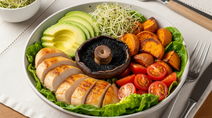 Боул з курячим філе, авокадо та грибами