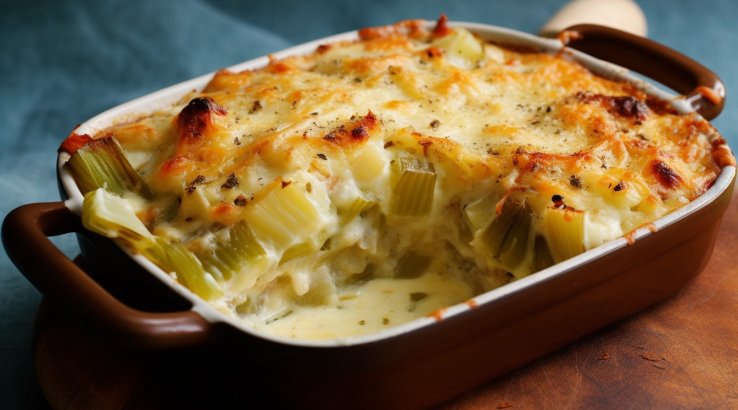 Цибуля-порей, запечена з бринзою