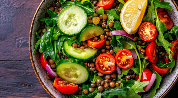 салат із сочевицею, помідорами та огірками